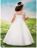 Beaded Ivory Lace Organza V Back Long Flower Girl Dress